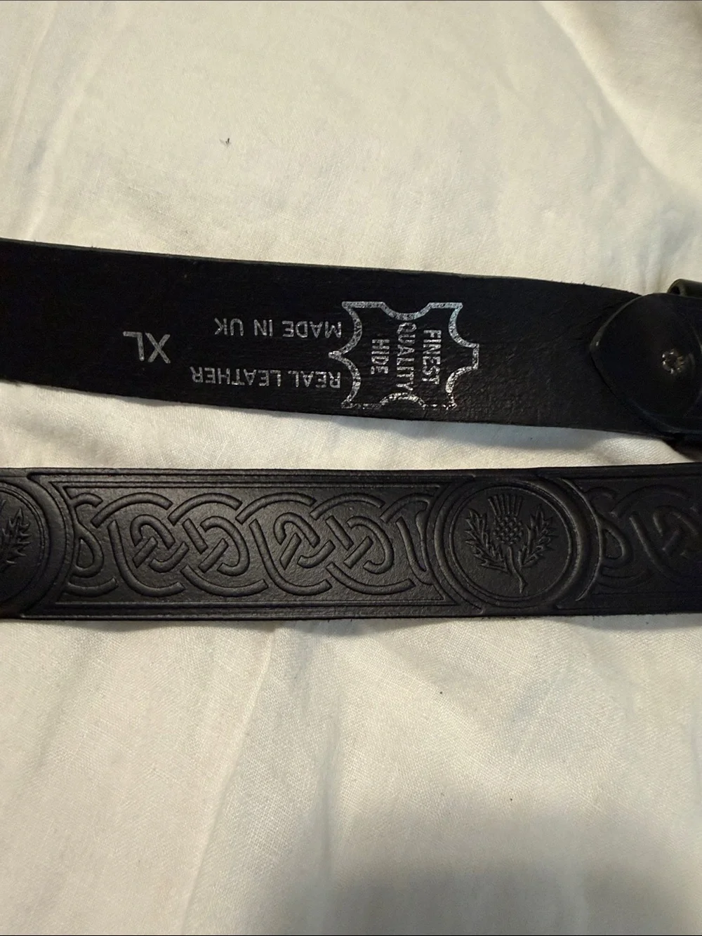 Black Embossed Leather Men's Belt with Celtic Detailing